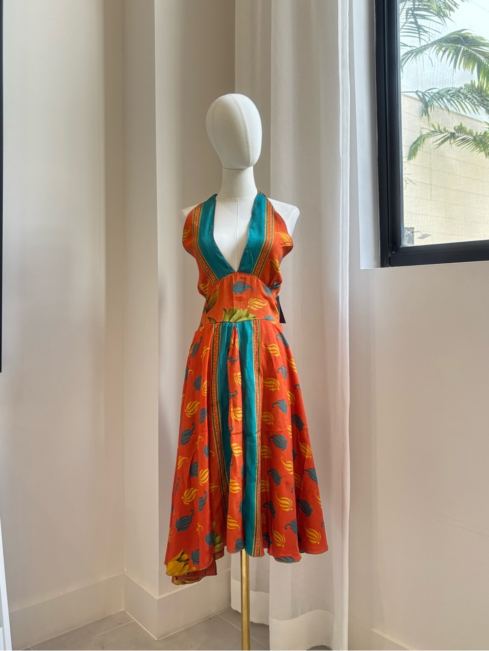 NWT Junglee Billee Silk Sari Halter Dress Orange Boho